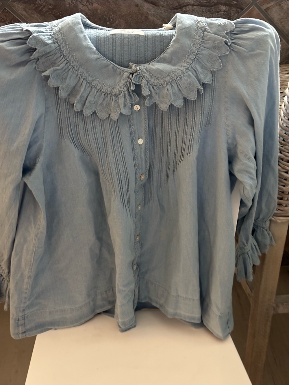 Doen Pale Blue Ruffled Collar Button-Front Blouse- Hickory